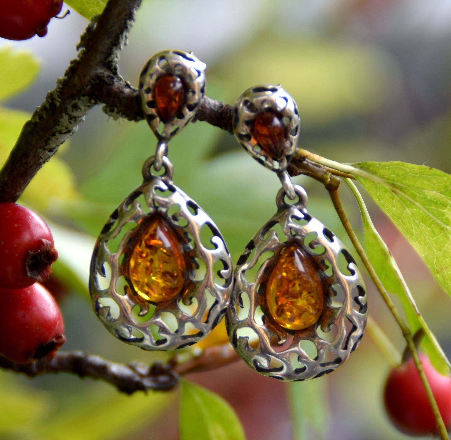 MJ Baltica, earrings, natural Baltic amber, 925 silver, vintage, bright, elegant, feminine, cognac, BK165