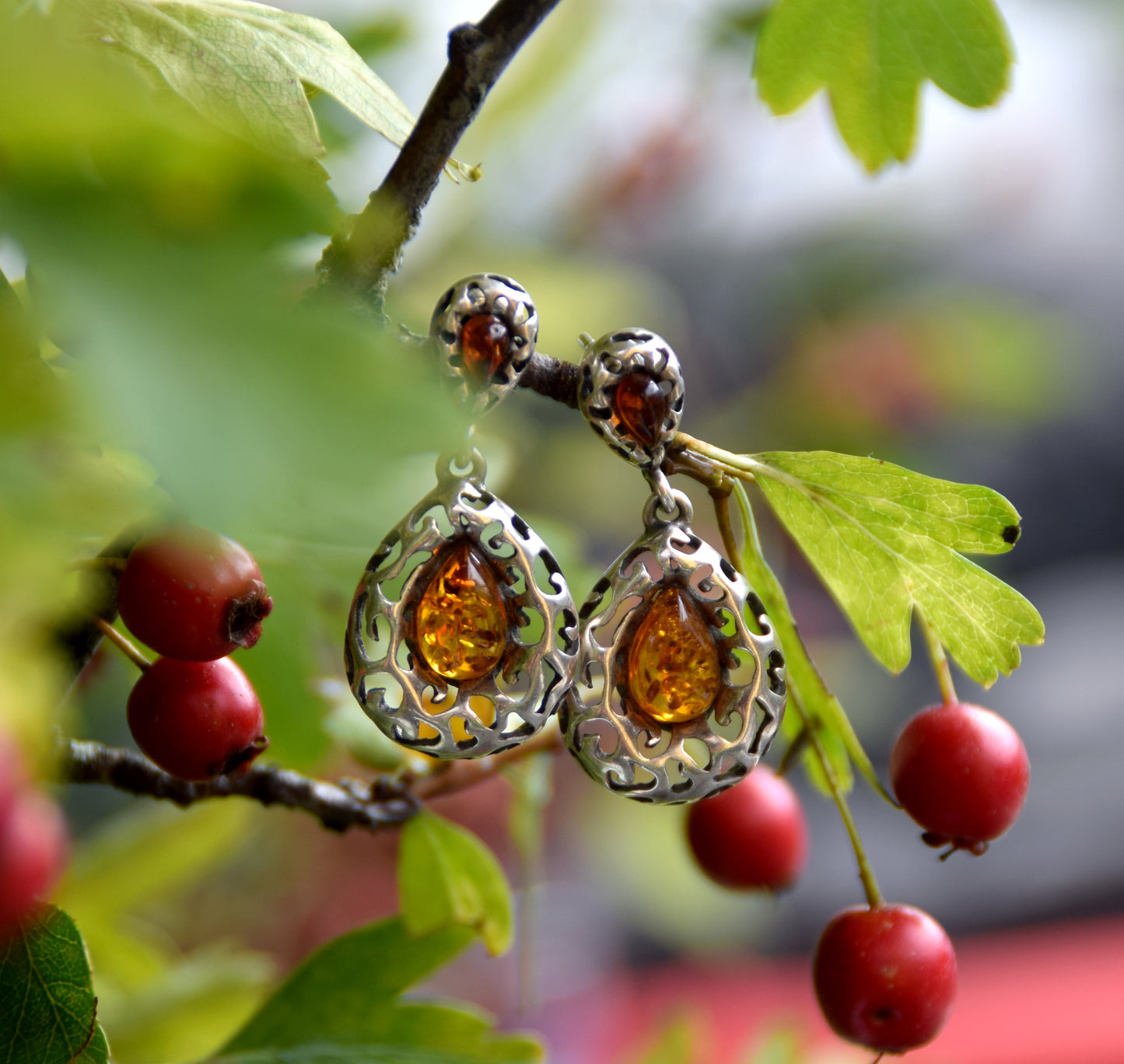 MJ Baltica, earrings, natural Baltic amber, 925 silver, vintage, bright, elegant, feminine, cognac, BK165