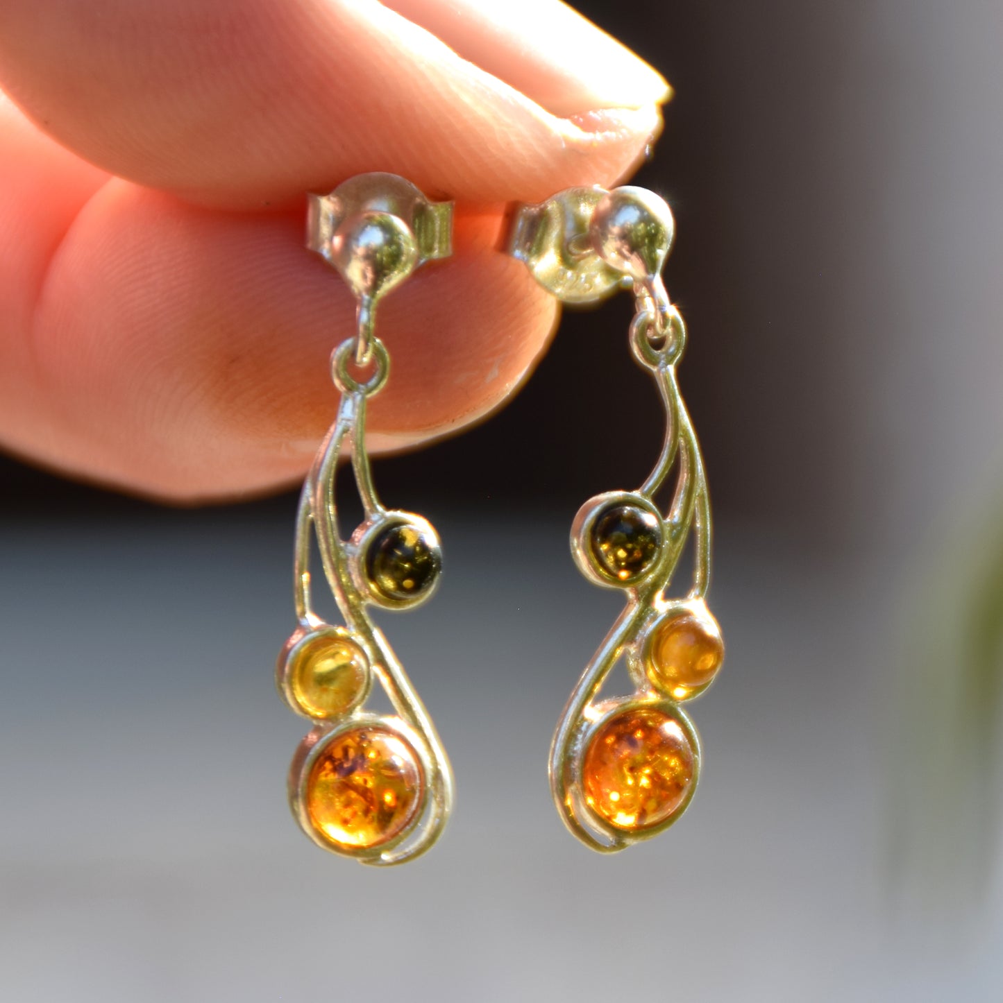 Delicate dangle earrings with natural Amber of mixed shades and Sterling Silver 925, MJ Baltica, BK167