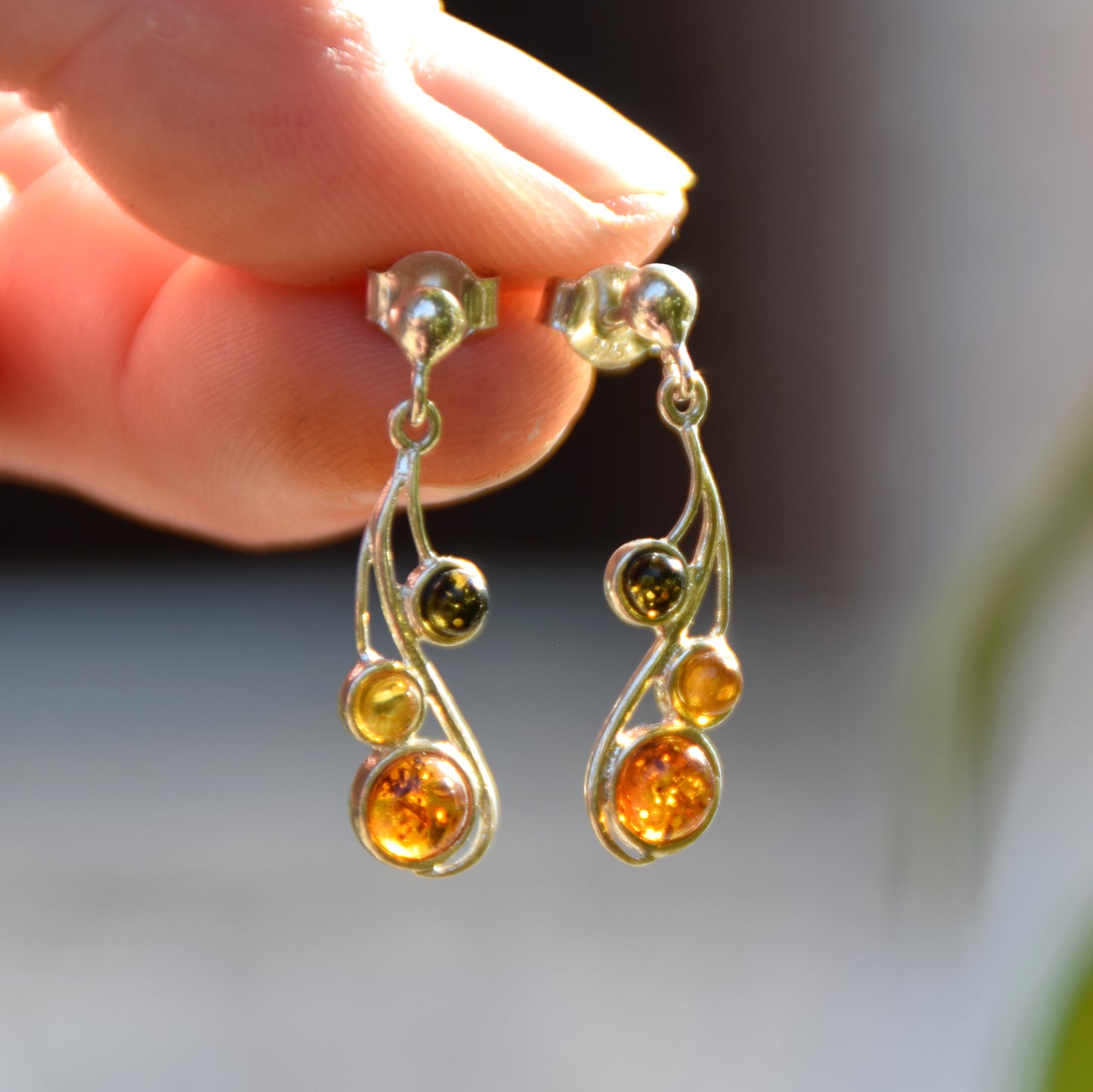 Delicate dangle earrings with natural Amber of mixed shades and Sterling Silver 925, MJ Baltica, BK167