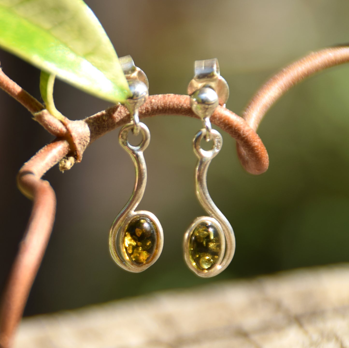 Light dangle earrings with natural green Amber and 925 Silver, MJ Baltica, BK169