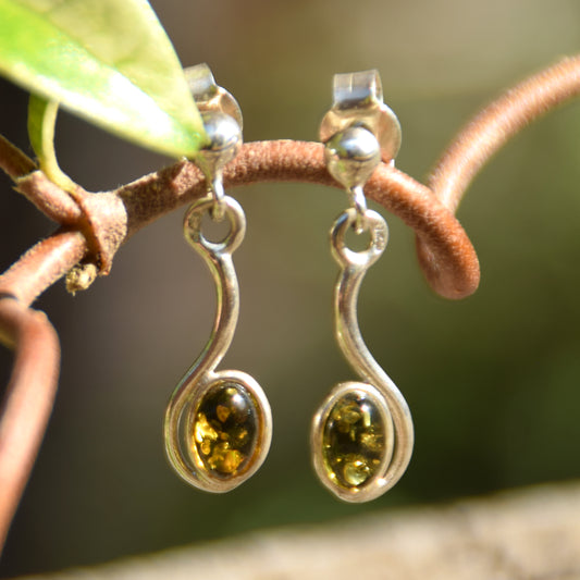 Light dangle earrings with natural green Amber and 925 Silver, MJ Baltica, BK169