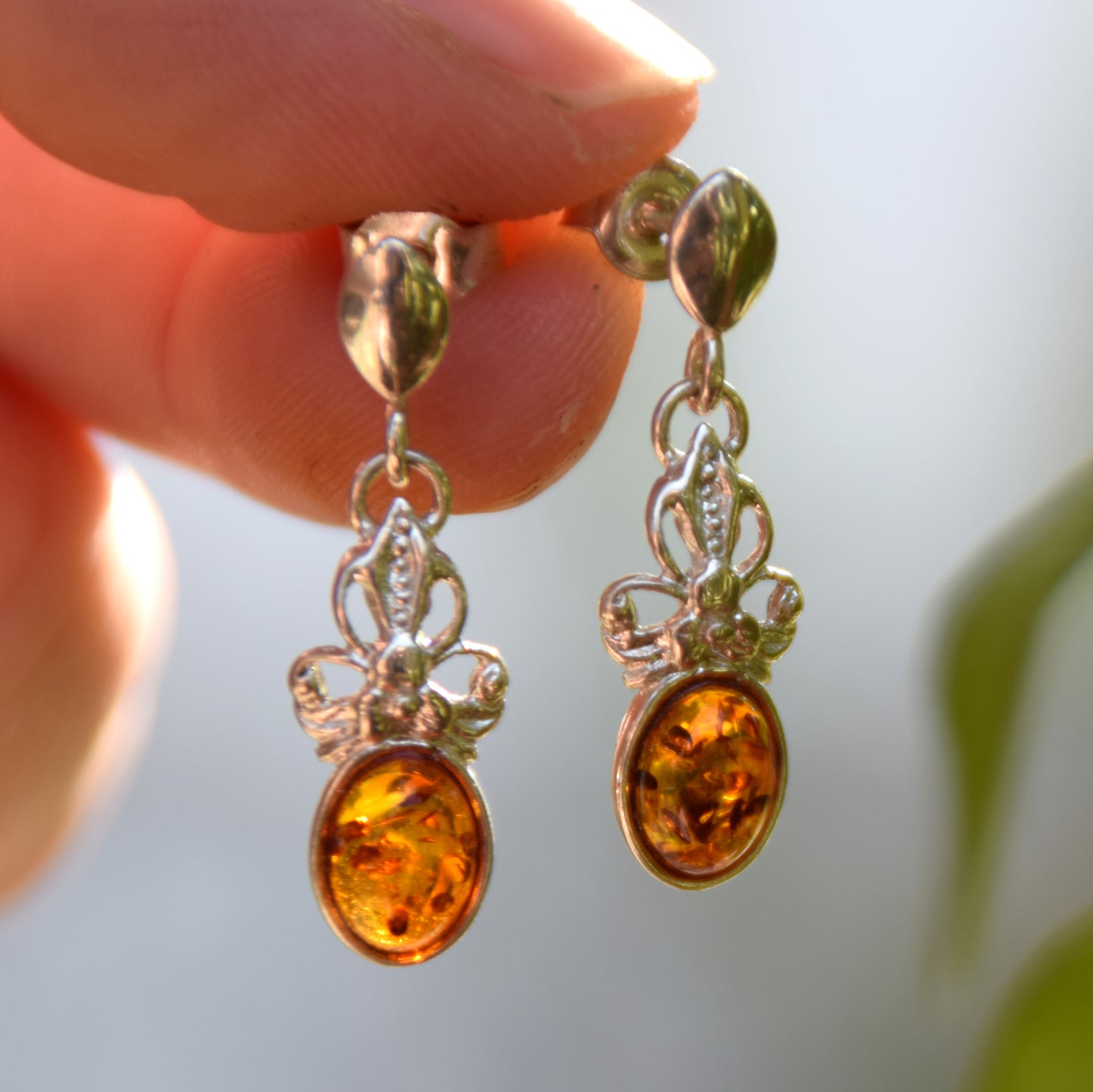 Delicate bow earrings made with cognac-colored natural Amber and 925 Sterling Silver, MJ Baltica, BK170