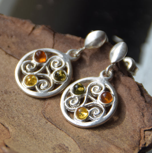 Dangle earrings with triskelion symbol made with natural Amber of various shades and 925 Sterling Silver, MJ Baltica, BK171