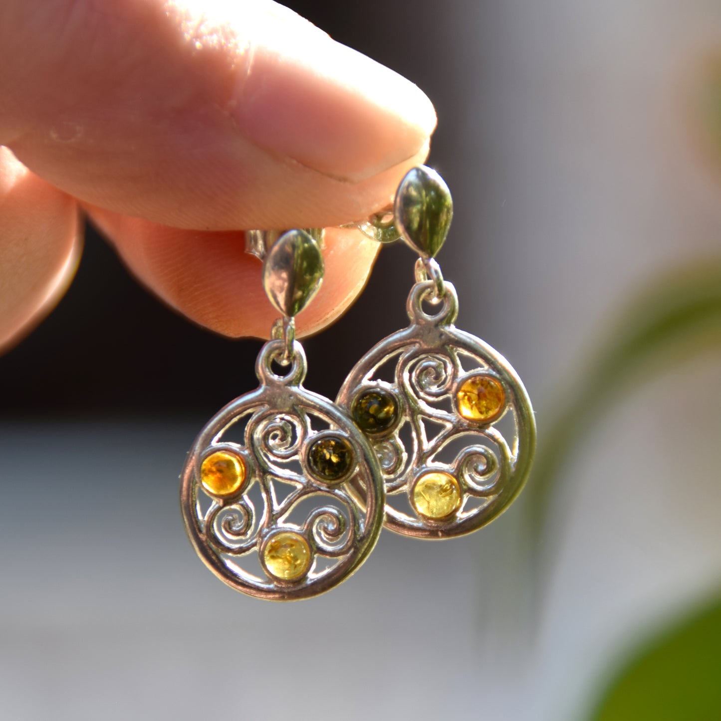 Dangle earrings with triskelion symbol made with natural Amber of various shades and 925 Sterling Silver, MJ Baltica, BK171