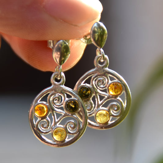 Dangle earrings with triskelion symbol made with natural Amber of various shades and 925 Sterling Silver, MJ Baltica, BK171