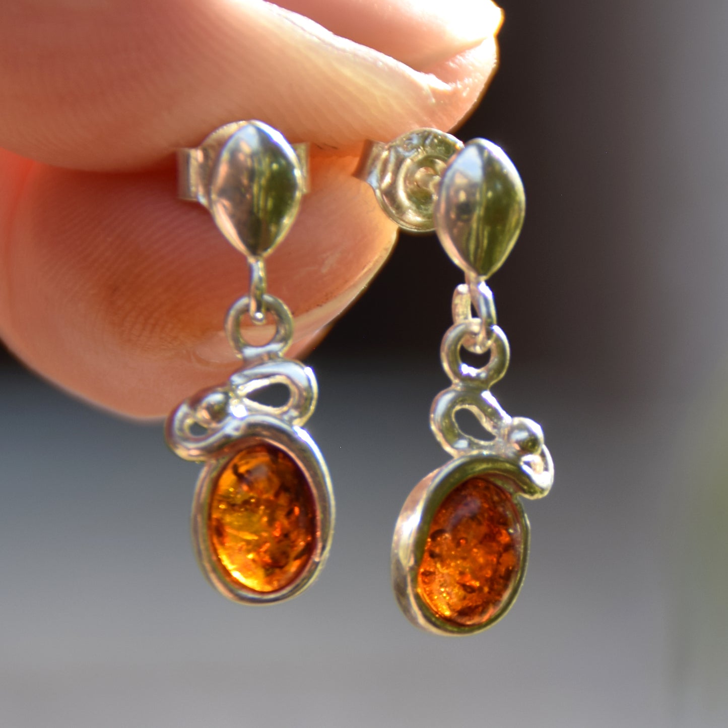 Light stud earrings with natural cognac amber and 925 silver, MJ Baltica, BK173