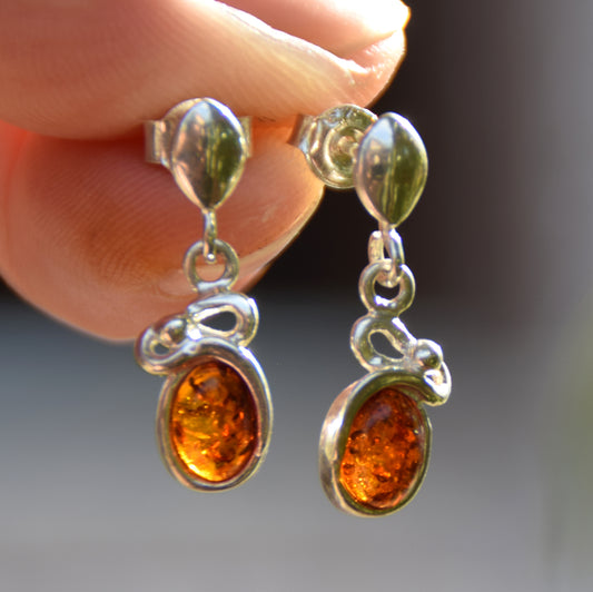 Light stud earrings with natural cognac amber and 925 silver, MJ Baltica, BK173