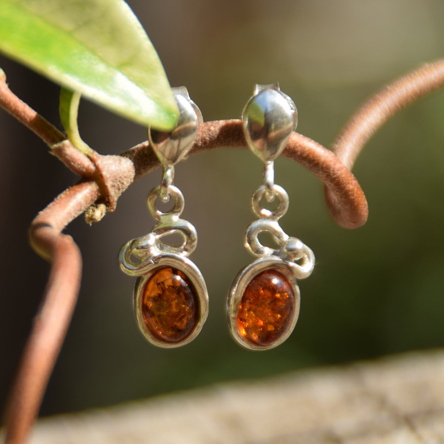 Light stud earrings with natural cognac amber and 925 silver, MJ Baltica, BK173