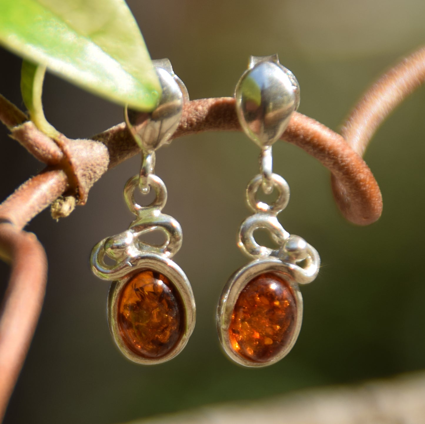 Light stud earrings with natural cognac amber and 925 silver, MJ Baltica, BK173