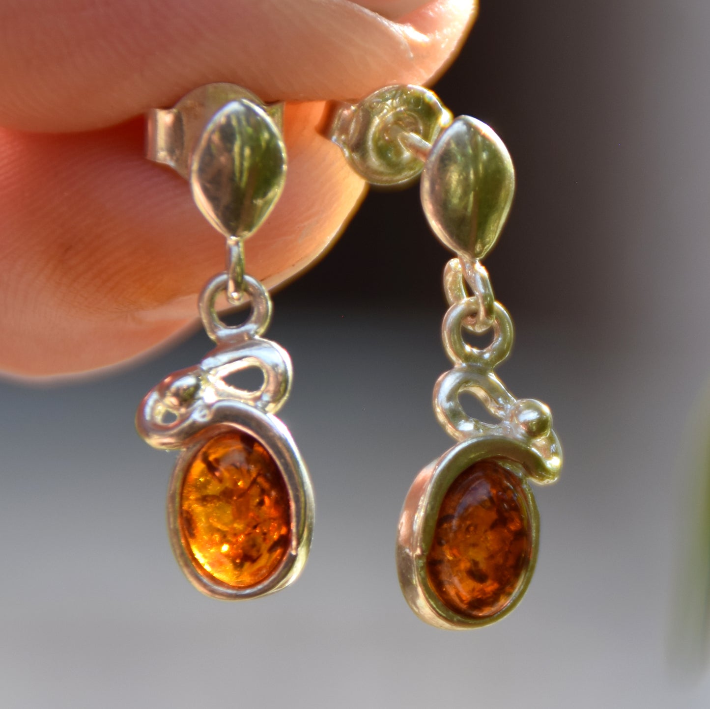 Light stud earrings with natural cognac amber and 925 silver, MJ Baltica, BK173