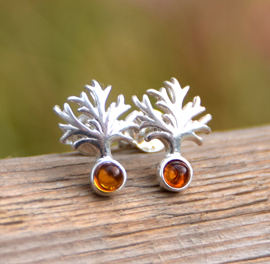 MJ Baltica, orecchini, Ambra naturale Baltica, Argento 925, albero della vita, a lobo, artigianale, BK177