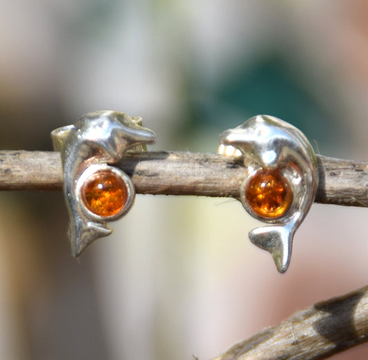 MJ Baltica, earrings, Baltic natural amber, 925 silver, dolphin, stud, handmade, BK178