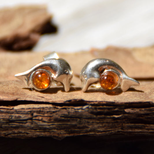 Dolphin earrings made with cognac-colored natural amber and 925 sterling silver, MJ Baltica, BK178