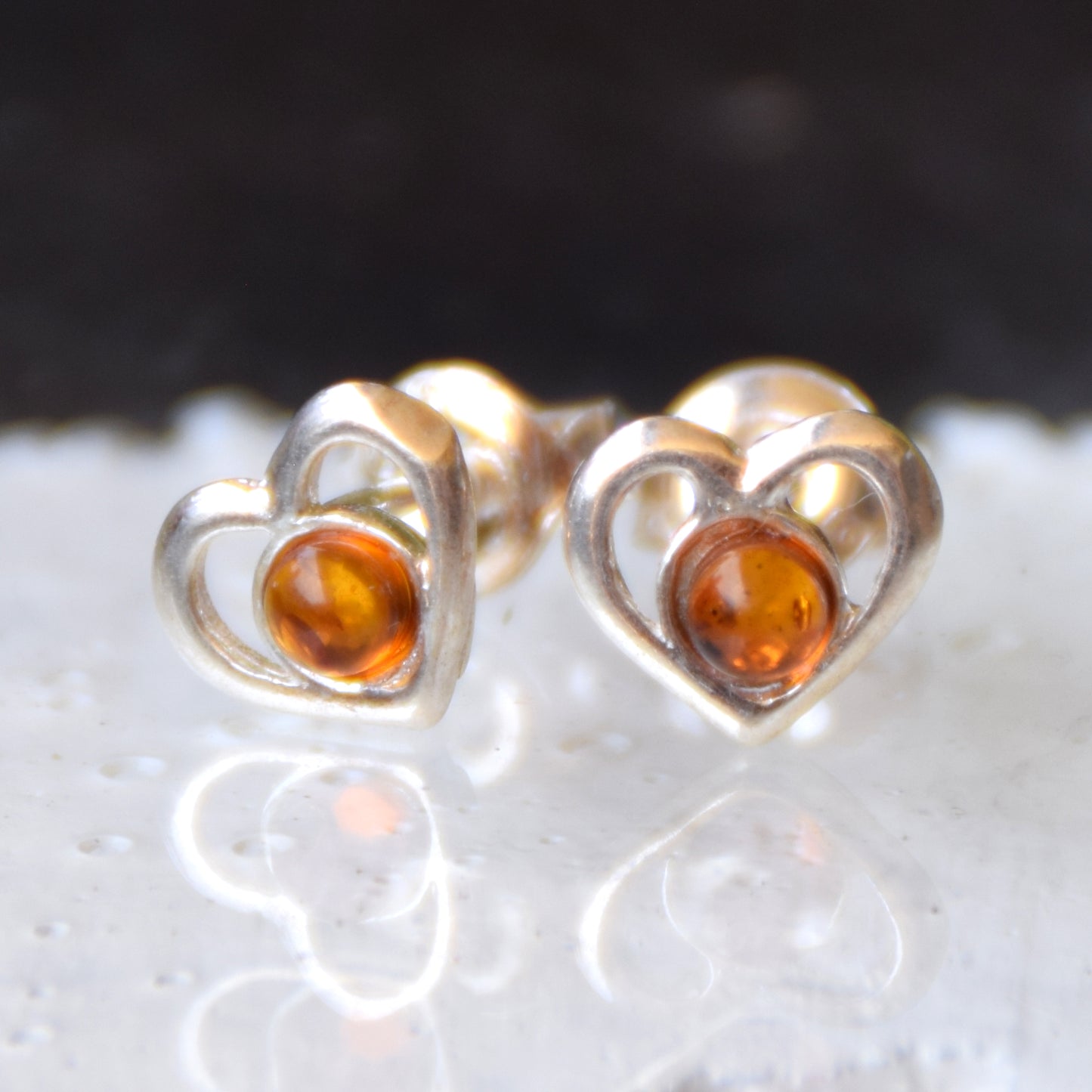 Romantic heart earrings crafted with natural cognac amber and 925 Sterling Silver, MJ Baltica, BK179