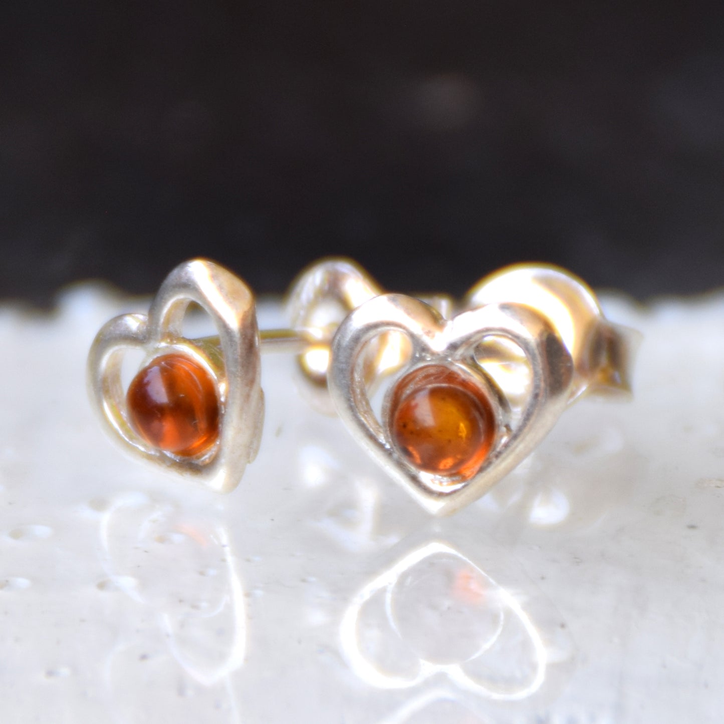 Romantic heart earrings crafted with natural cognac amber and 925 Sterling Silver, MJ Baltica, BK179