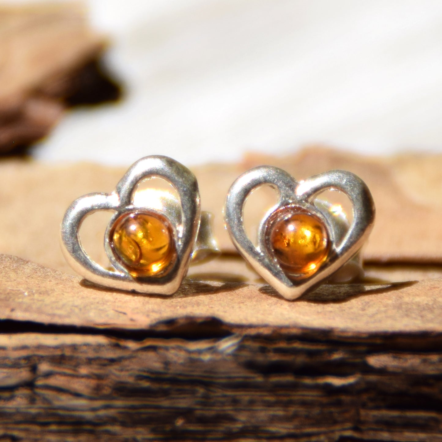 Romantic heart earrings crafted with natural cognac amber and 925 Sterling Silver, MJ Baltica, BK179