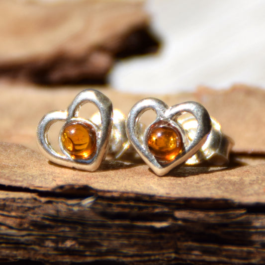 Romantic heart earrings crafted with natural cognac amber and 925 Sterling Silver, MJ Baltica, BK179