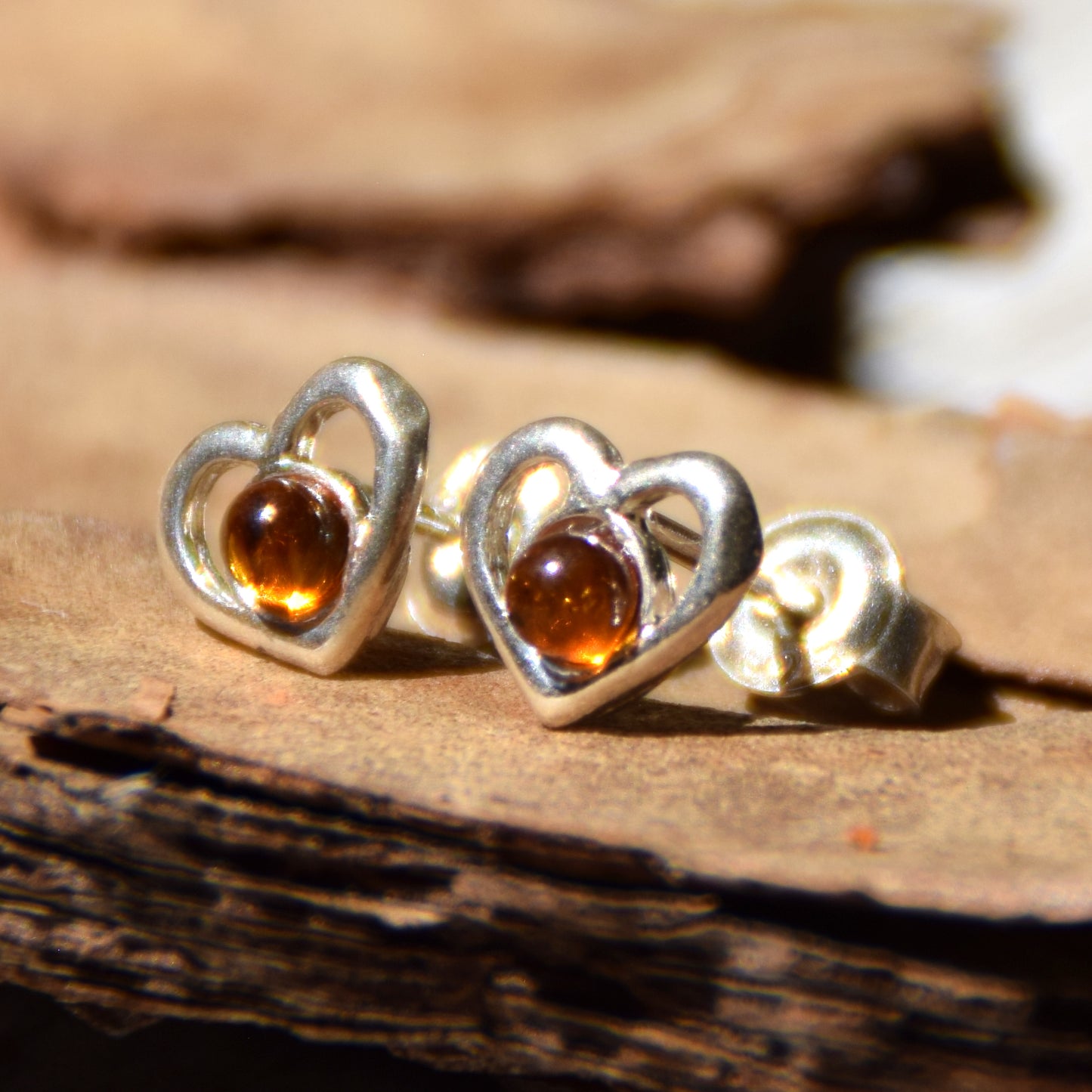 Romantic heart earrings crafted with natural cognac amber and 925 Sterling Silver, MJ Baltica, BK179
