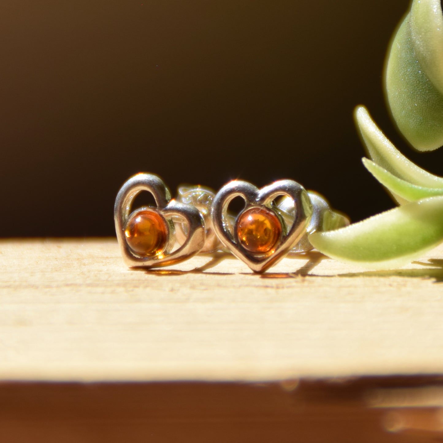 Romantic heart earrings crafted with natural cognac amber and 925 Sterling Silver, MJ Baltica, BK179