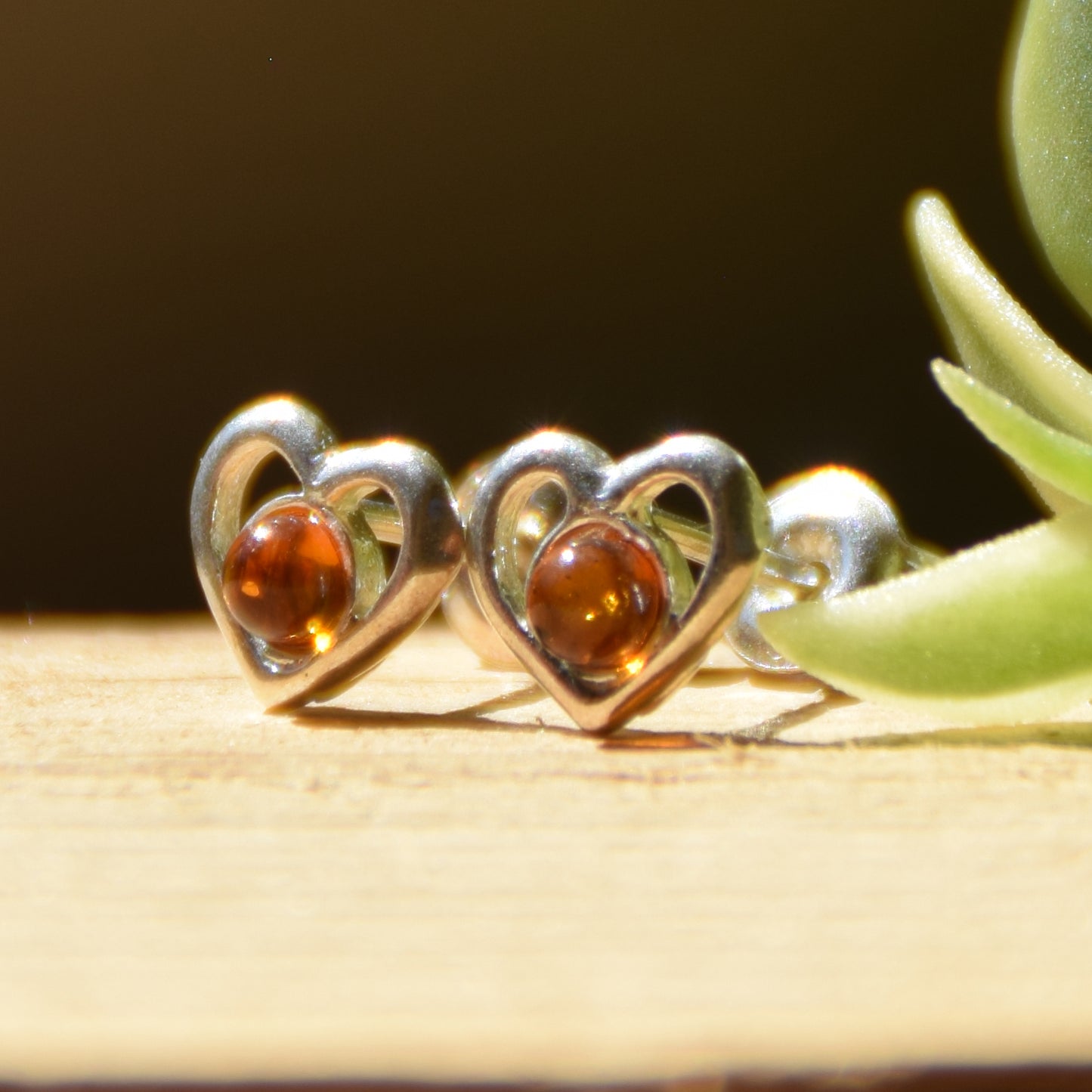 Romantic heart earrings crafted with natural cognac amber and 925 Sterling Silver, MJ Baltica, BK179