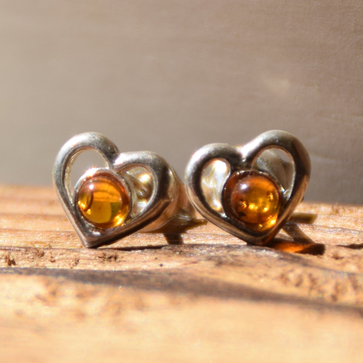 Romantic heart earrings crafted with natural cognac amber and 925 Sterling Silver, MJ Baltica, BK179