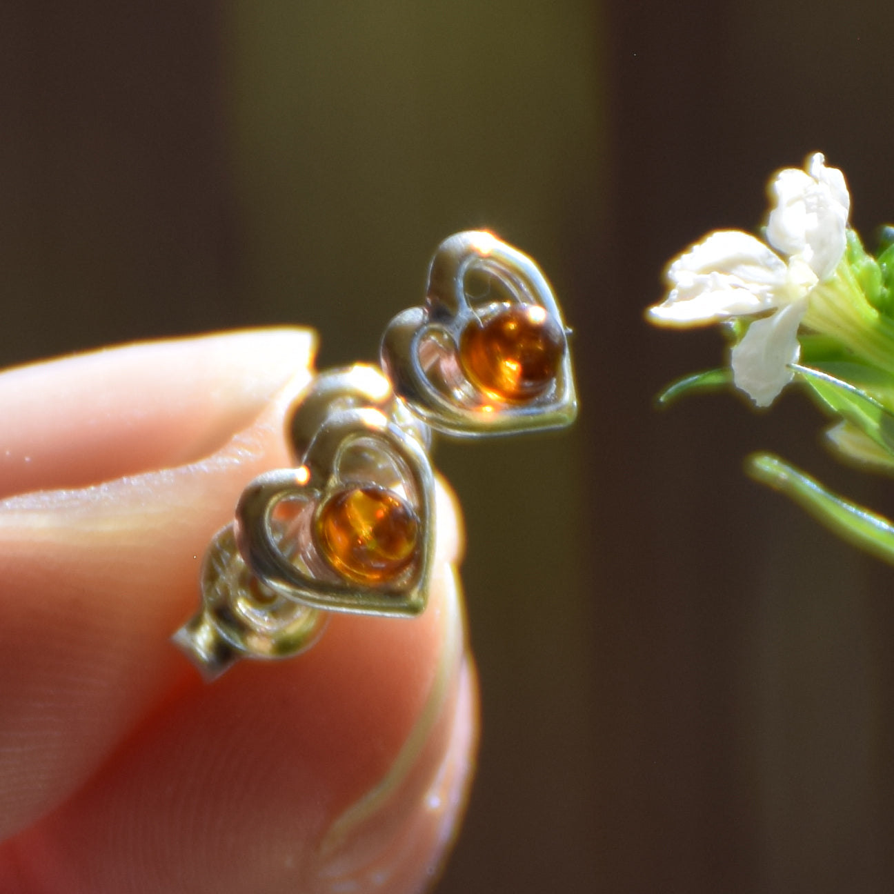Romantic heart earrings crafted with natural cognac amber and 925 Sterling Silver, MJ Baltica, BK179