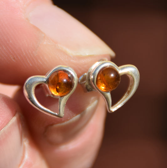 Romantic earrings with hearts crafted from natural cognac amber and 925 sterling silver, MJ Baltica, BK180