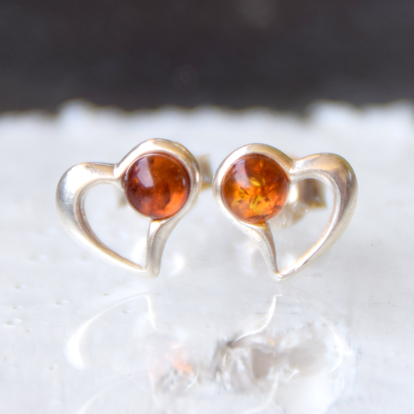 Romantic earrings with hearts crafted from natural cognac amber and 925 sterling silver, MJ Baltica, BK180