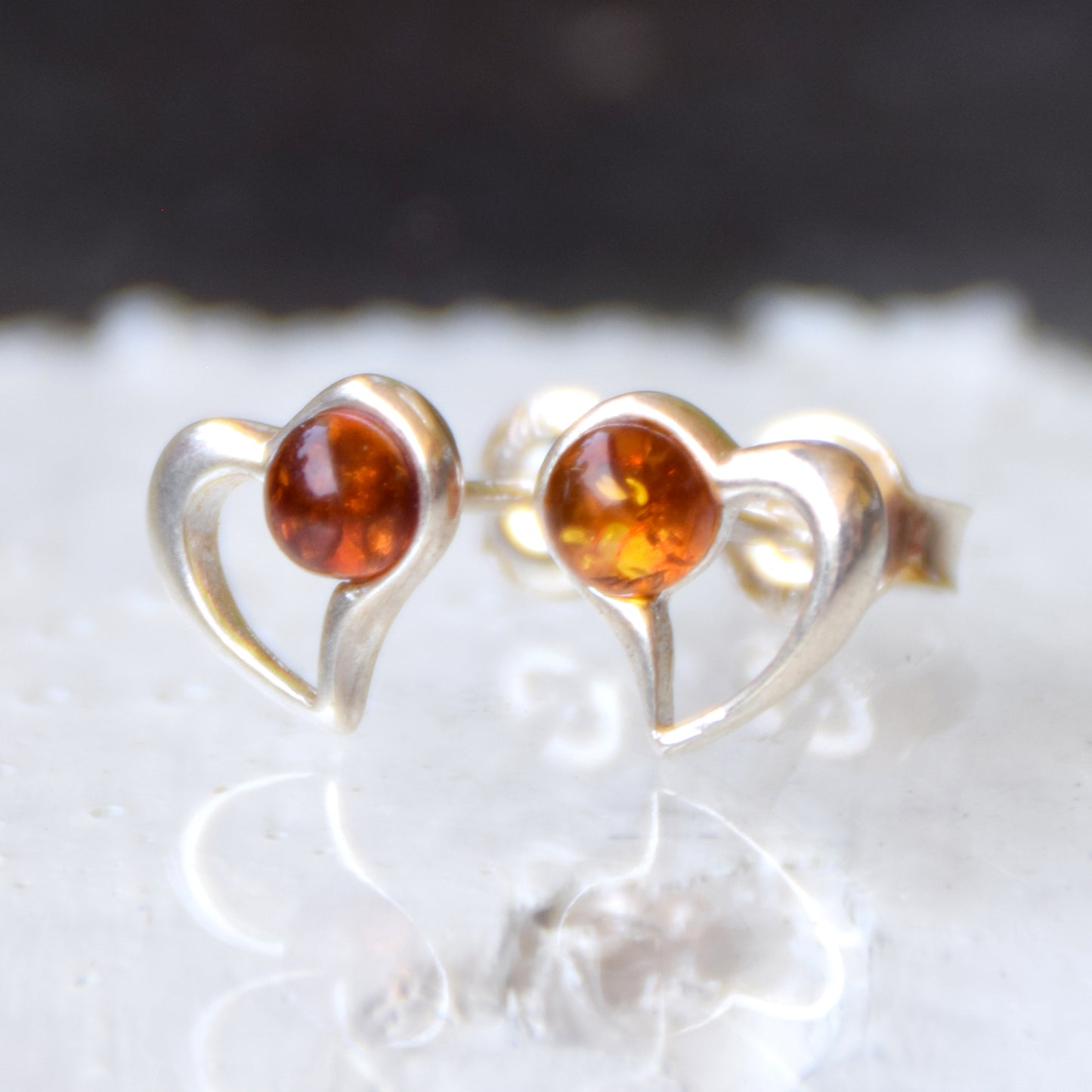Romantic earrings with hearts crafted from natural cognac amber and 925 sterling silver, MJ Baltica, BK180
