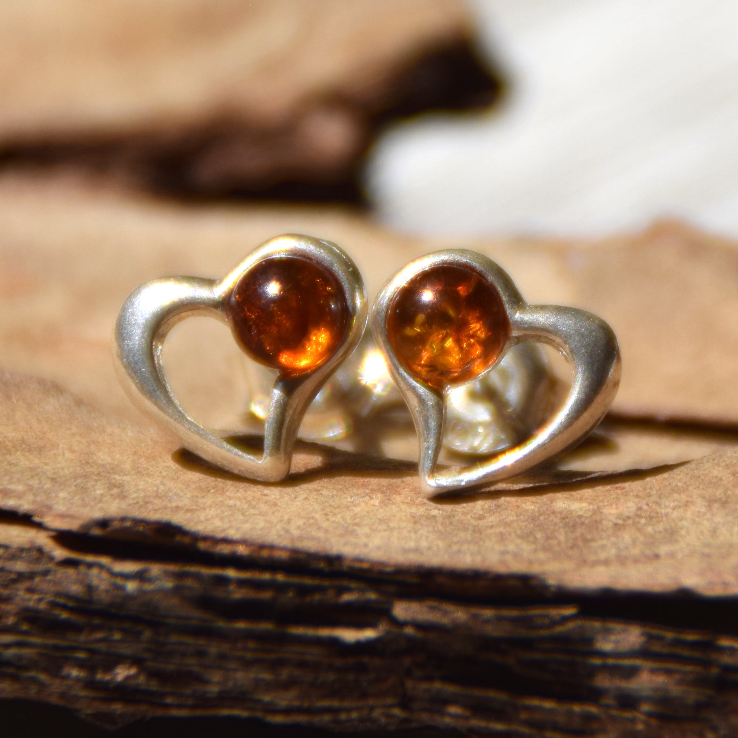 Romantic earrings with hearts crafted from natural cognac amber and 925 sterling silver, MJ Baltica, BK180