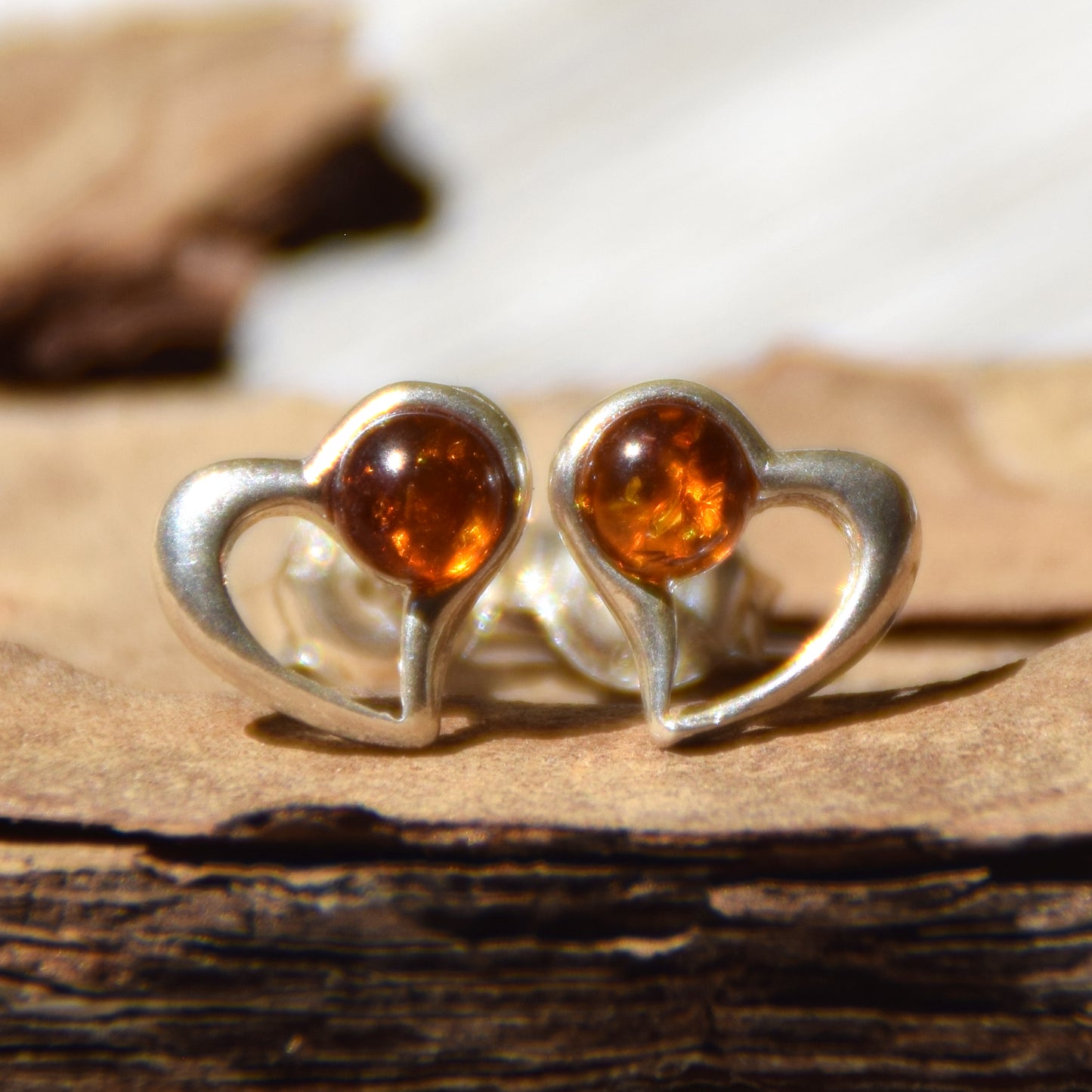 Romantic earrings with hearts crafted from natural cognac amber and 925 sterling silver, MJ Baltica, BK180