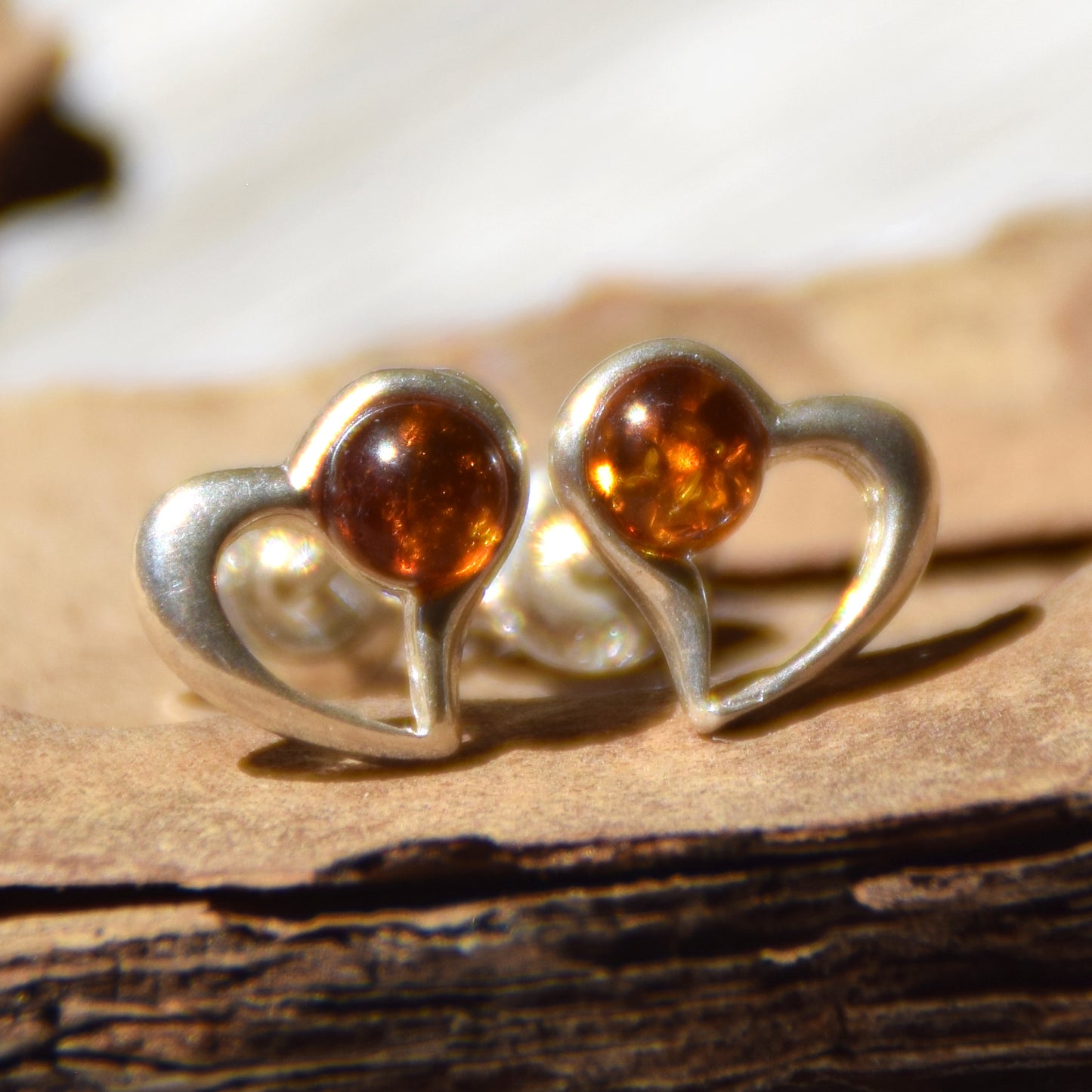Romantic earrings with hearts crafted from natural cognac amber and 925 sterling silver, MJ Baltica, BK180
