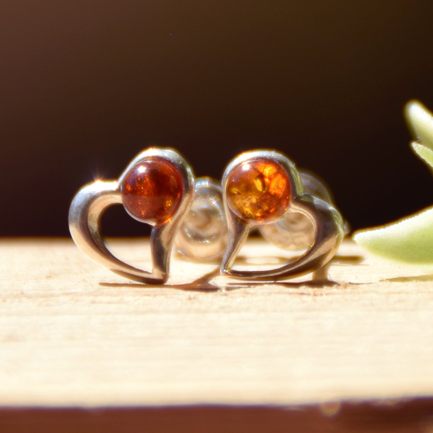 Romantic earrings with hearts crafted from natural cognac amber and 925 sterling silver, MJ Baltica, BK180