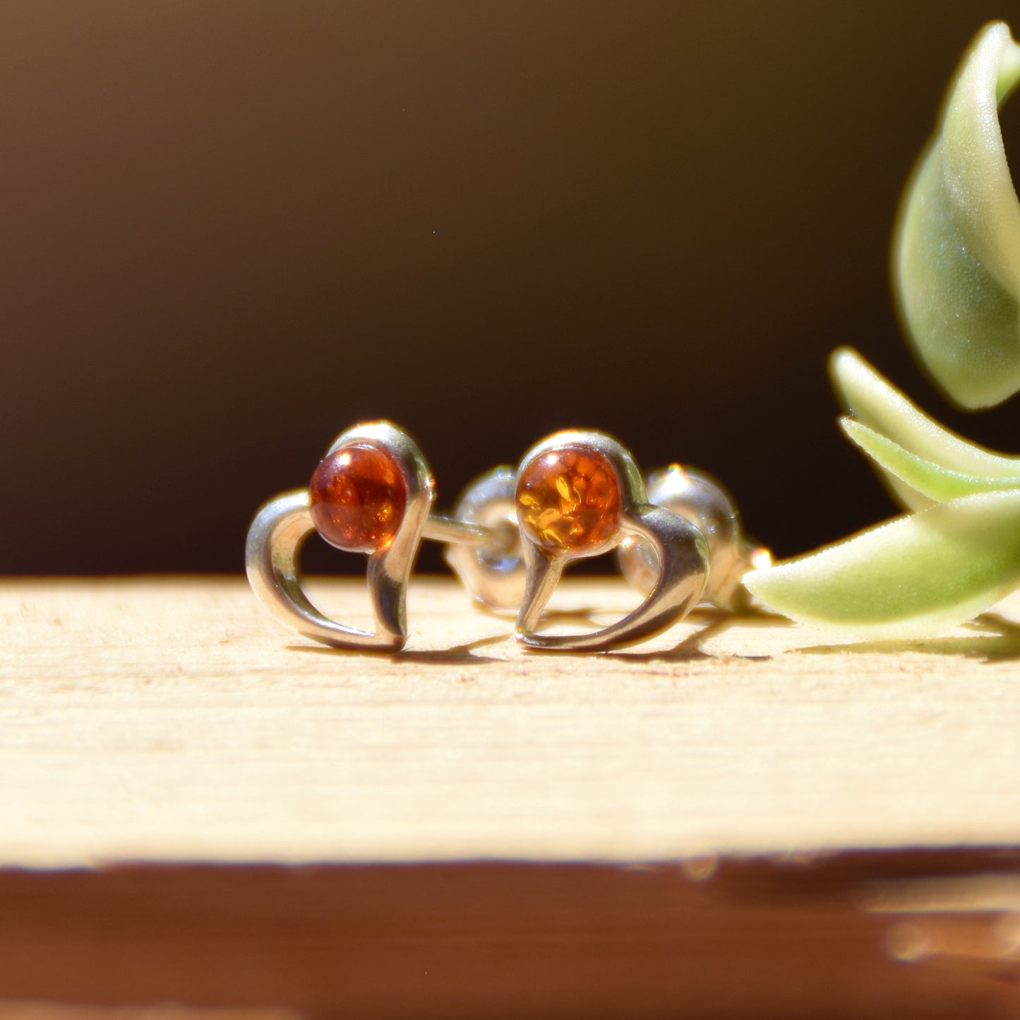 Romantic earrings with hearts crafted from natural cognac amber and 925 sterling silver, MJ Baltica, BK180