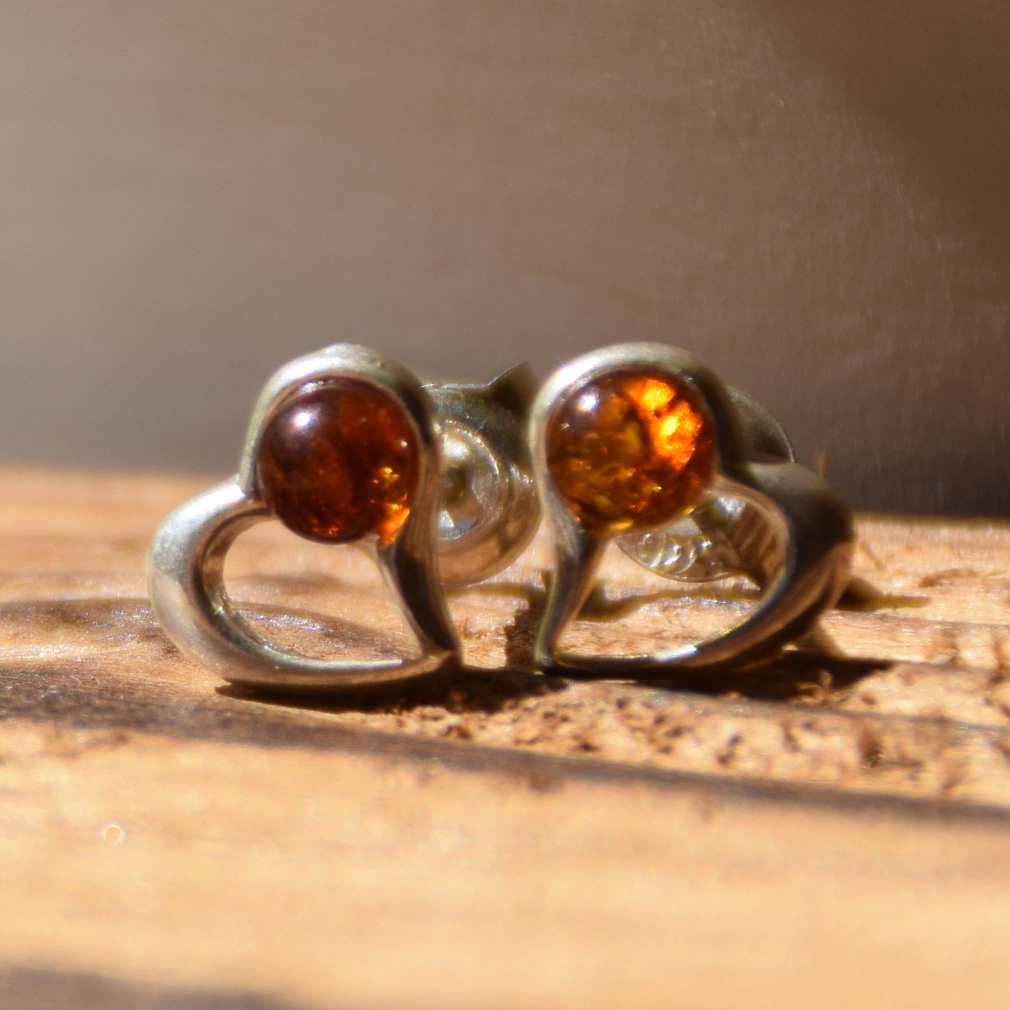 Romantic earrings with hearts crafted from natural cognac amber and 925 sterling silver, MJ Baltica, BK180
