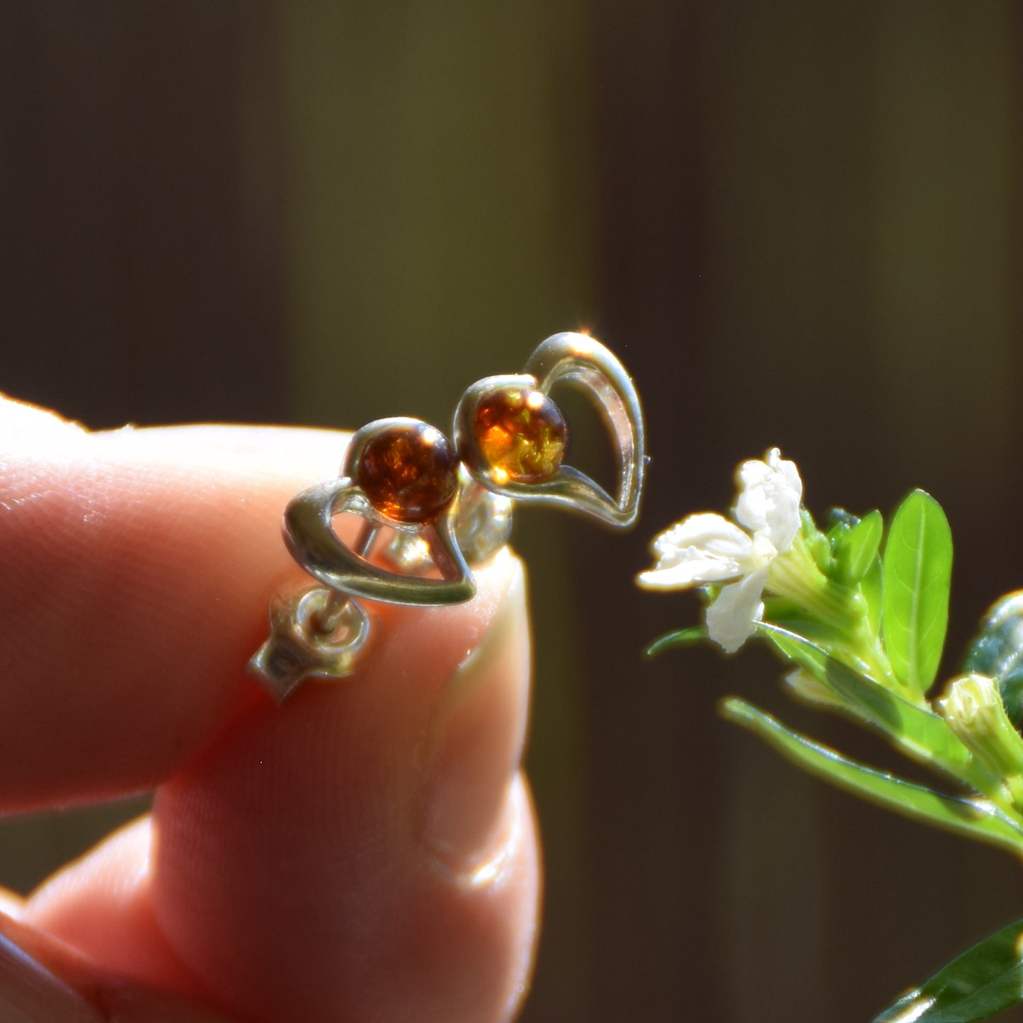 Romantic earrings with hearts crafted from natural cognac amber and 925 sterling silver, MJ Baltica, BK180