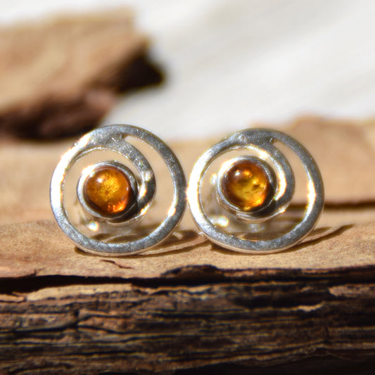 Luminous round earrings with natural cognac amber and 925 silver, MJ Baltica, BK184