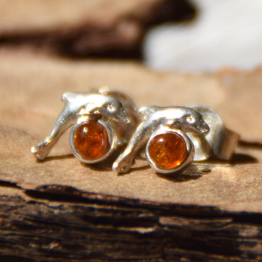 Cognac-colored natural Amber dolphin stud earrings Sterling Silver 925, MJ Baltica, BK185