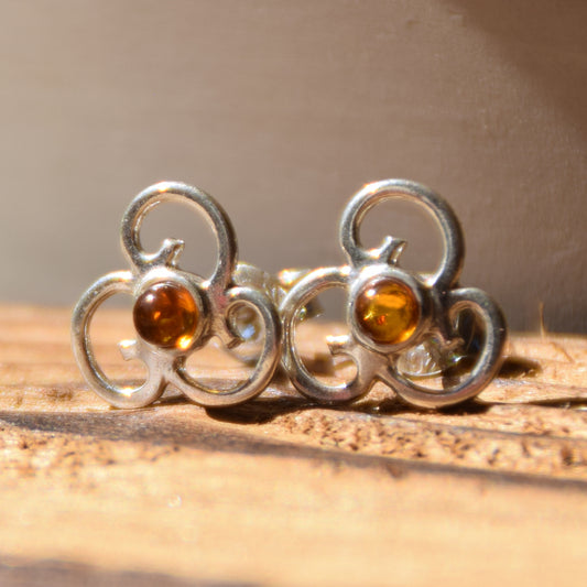 Triskel earrings made with natural cognac-colored Amber and 925 Sterling Silver, MJ Baltica, BK186