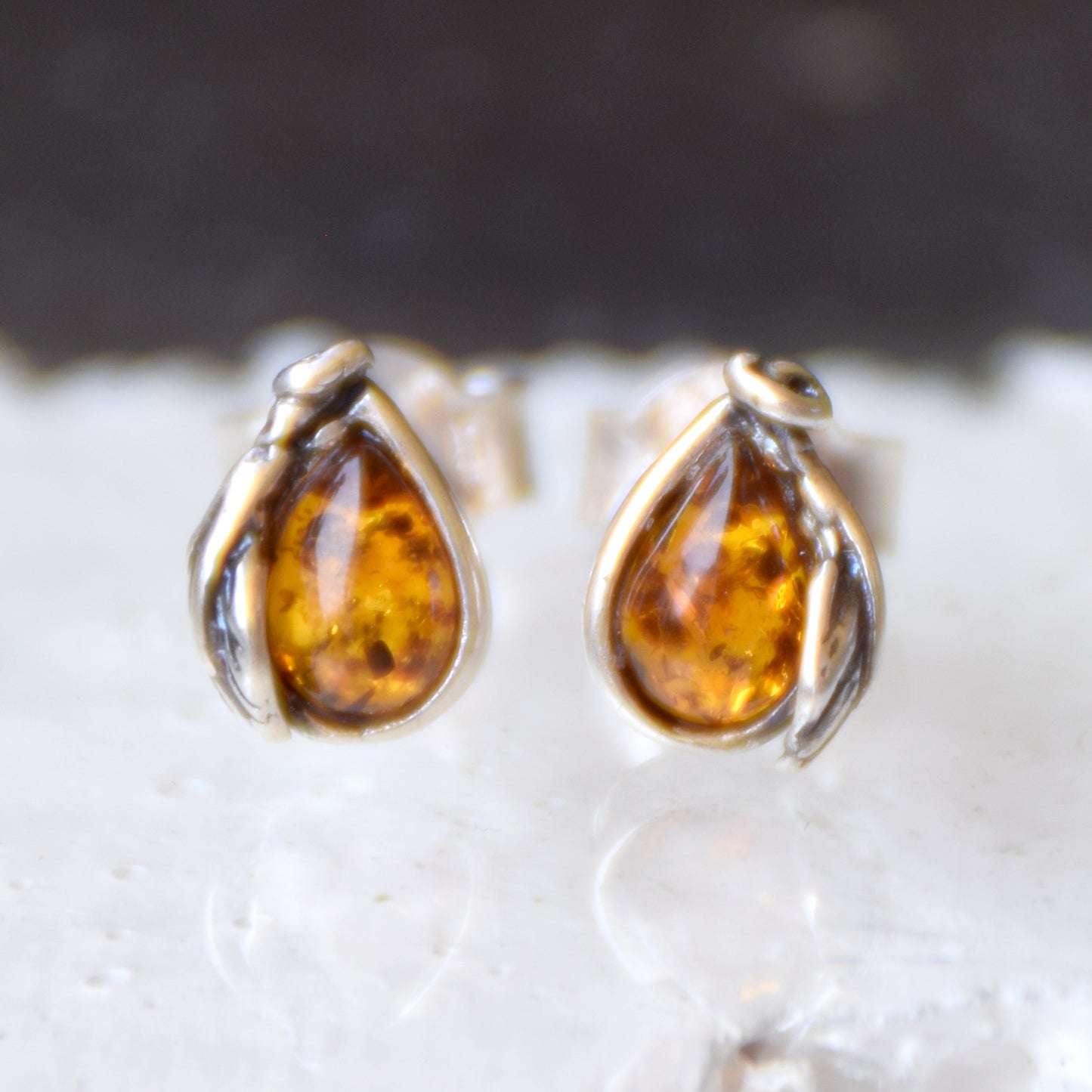 Vintage style earrings with cognac-colored natural Amber drop and 925 Silver, MJ Baltica, BK188