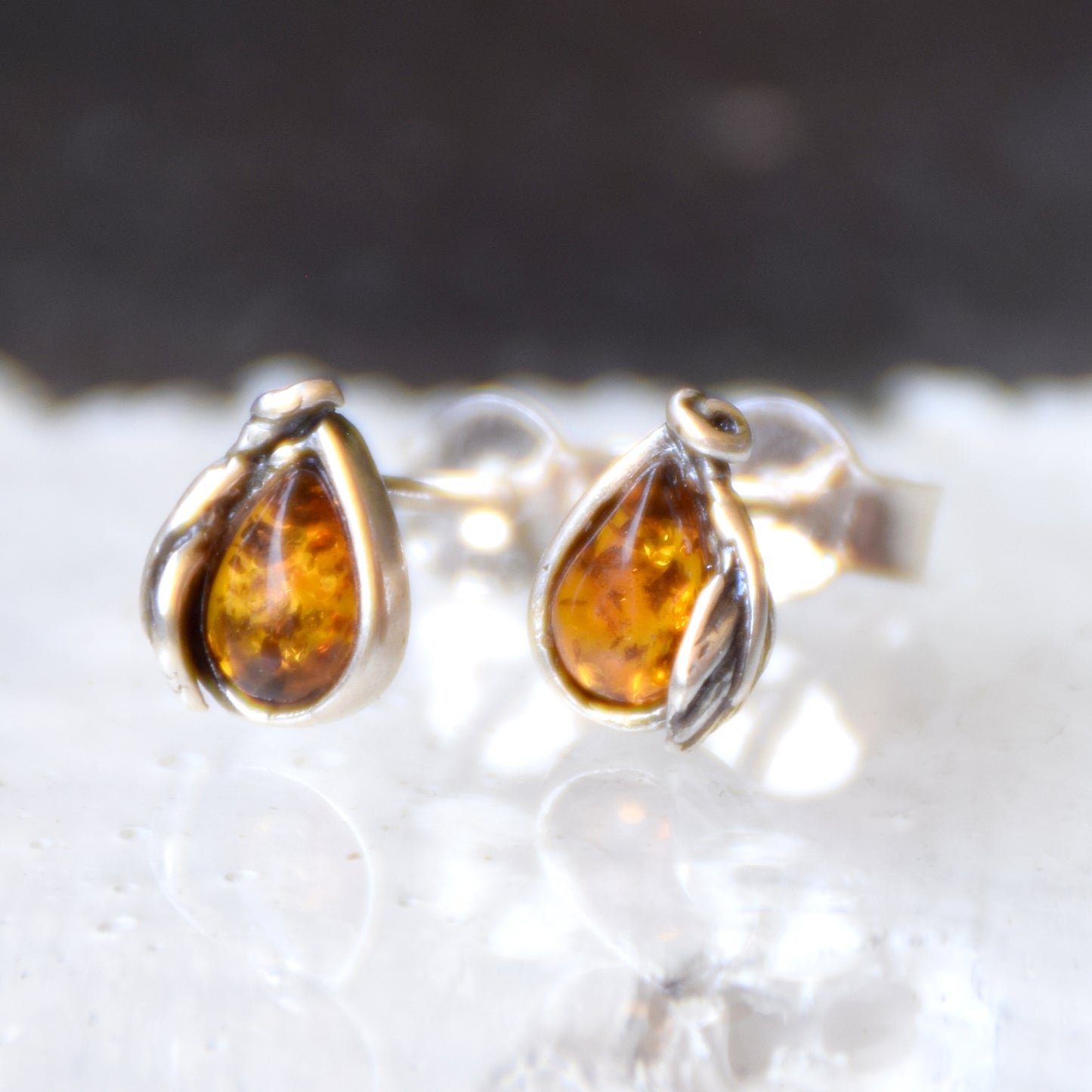 Vintage style earrings with cognac-colored natural Amber drop and 925 Silver, MJ Baltica, BK188