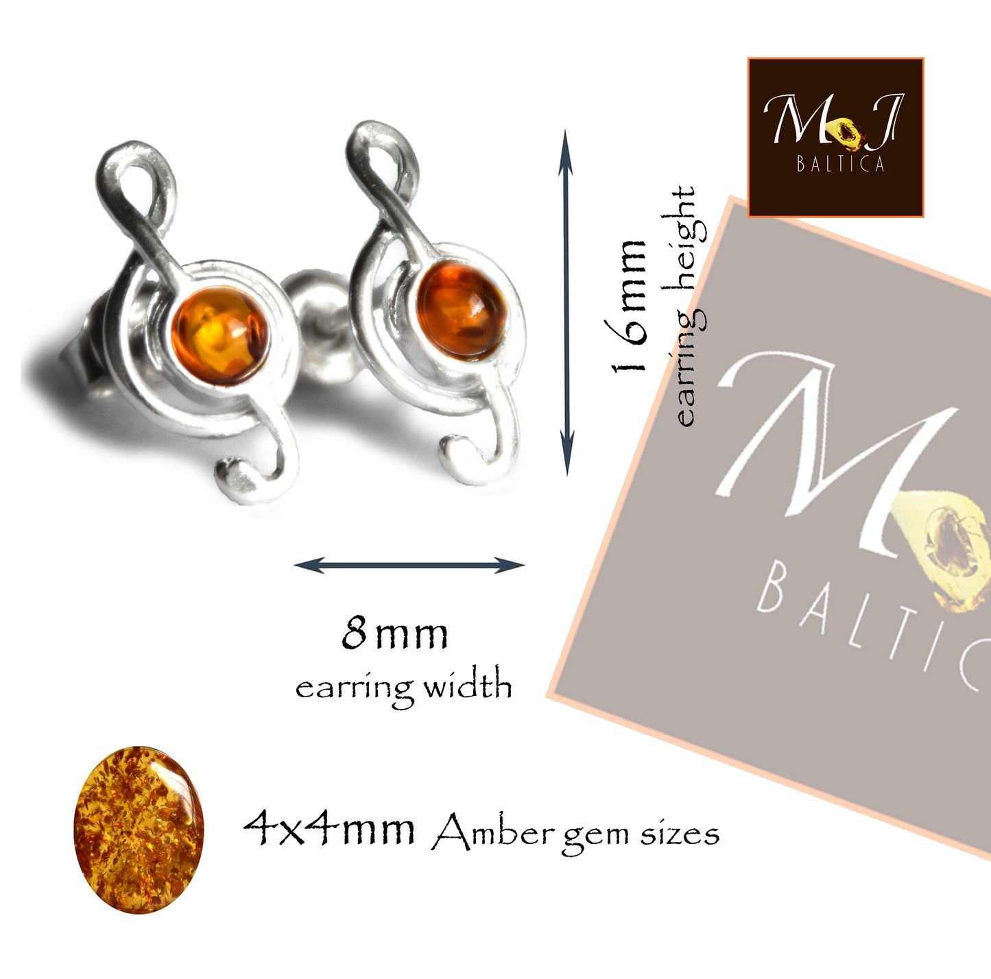 MJ Baltica, orecchini, Ambra naturale Baltica, Argento 925, chiave musicale, a lobo, artigianale, BK189