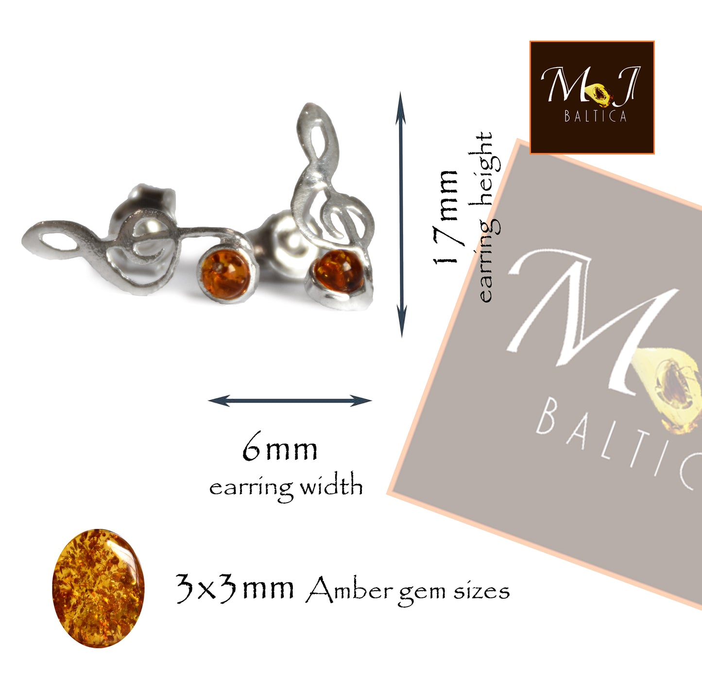 MJ Baltica, orecchini, Ambra naturale Baltica, Argento 925, chiave musicale, a lobo, artigianale, BK191