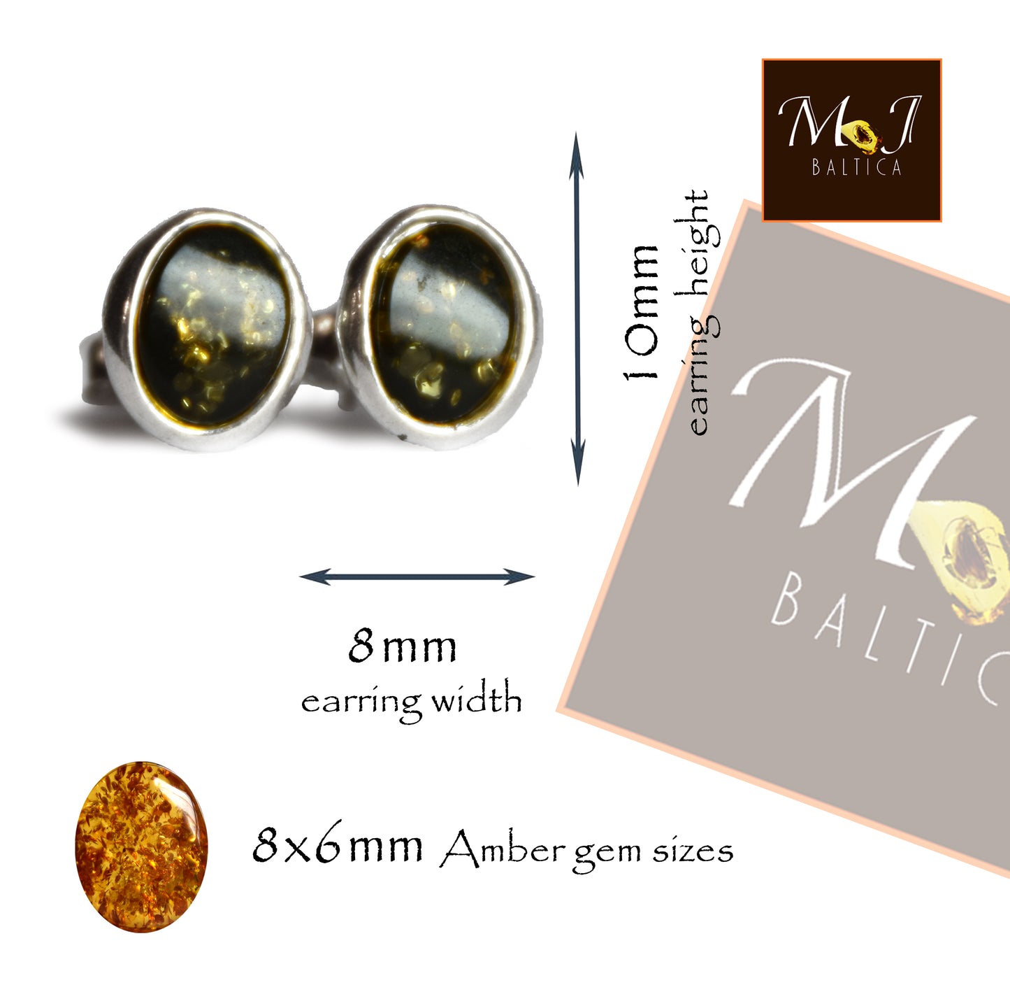 MJ Baltica, orecchini, Ambra naturale Baltica, Argento 925, ovale, a lobo, artigianale, ambra verde, BK192