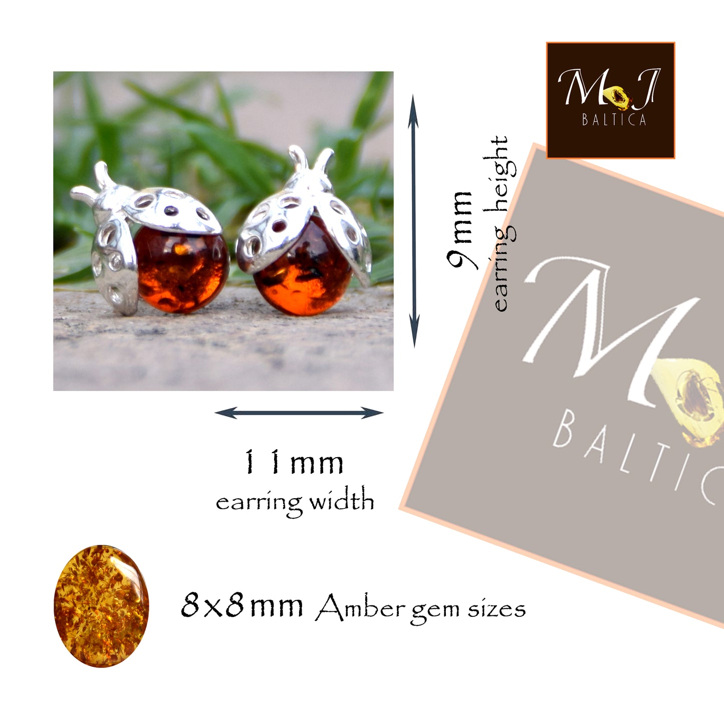 MJ Baltica, orecchini, Ambra naturale Baltica, Argento 925, coccinella, a lobo, portafortuna, grande, BK193