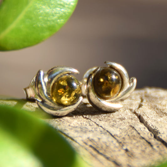 Stud earrings made with natural green Amber and 925 Silver, MJ Baltica, BK196