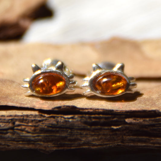 Delicate earrings with kitten in natural cognac Amber and 925 Sterling Silver, MJ Baltica, BK199