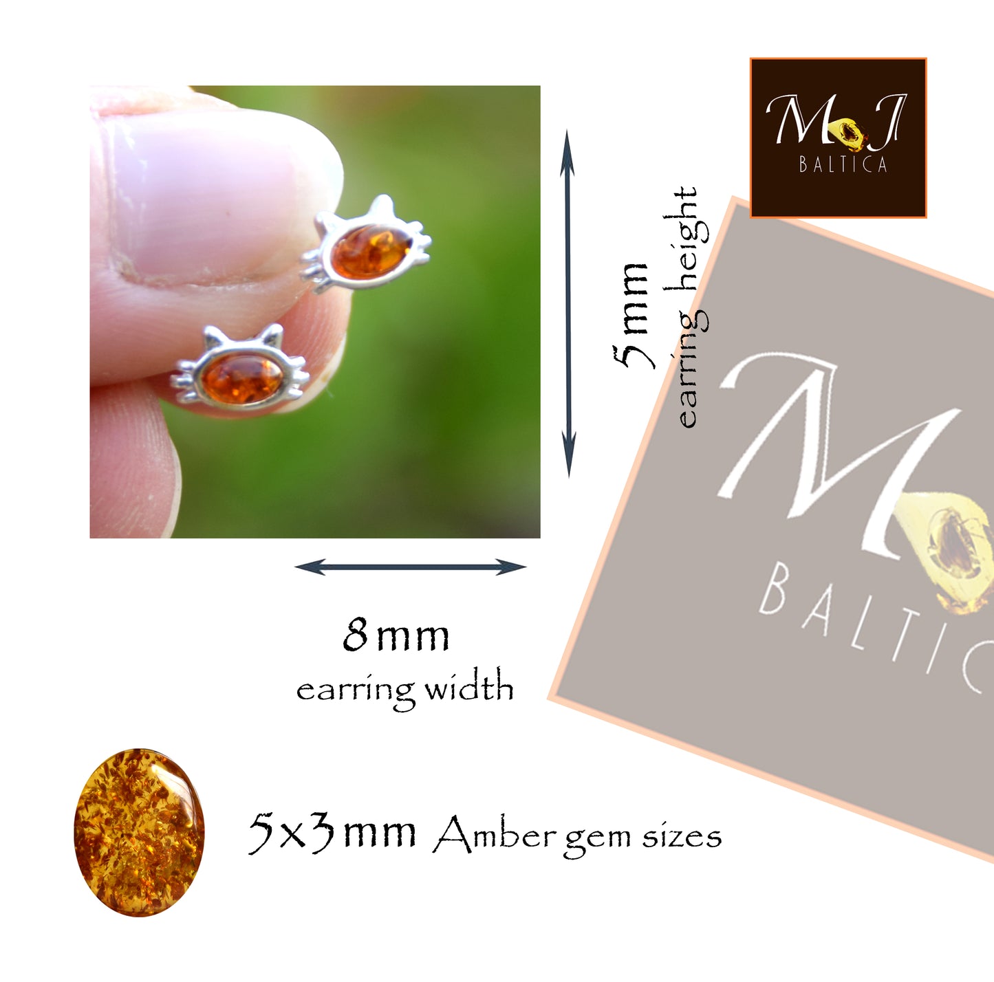 MJ Baltica, orecchini, Ambra naturale Baltica, Argento 925, gatto, gattino, a lobo, artigianale, BK199