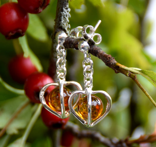 MJ Baltica, earrings, Baltic natural amber, 925 silver, delicate, elegant, heart, cage, BK201